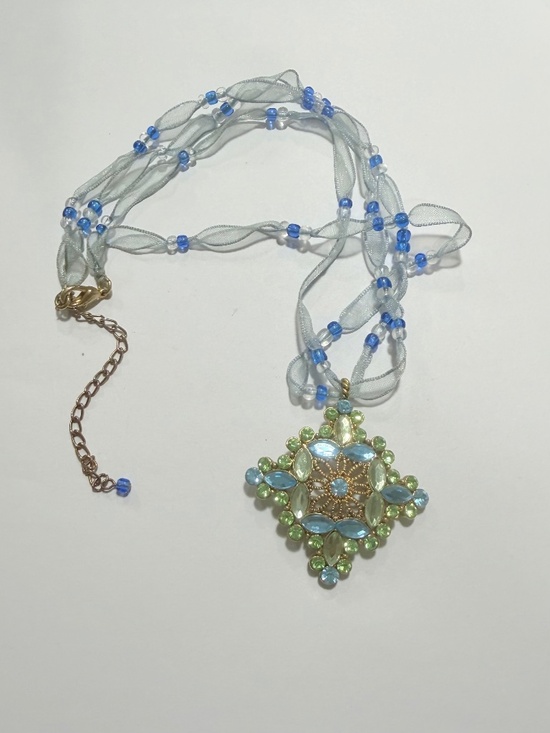 Jewelry - Blue and Green Rhinestone Pendant Choker Ribbon Necklace